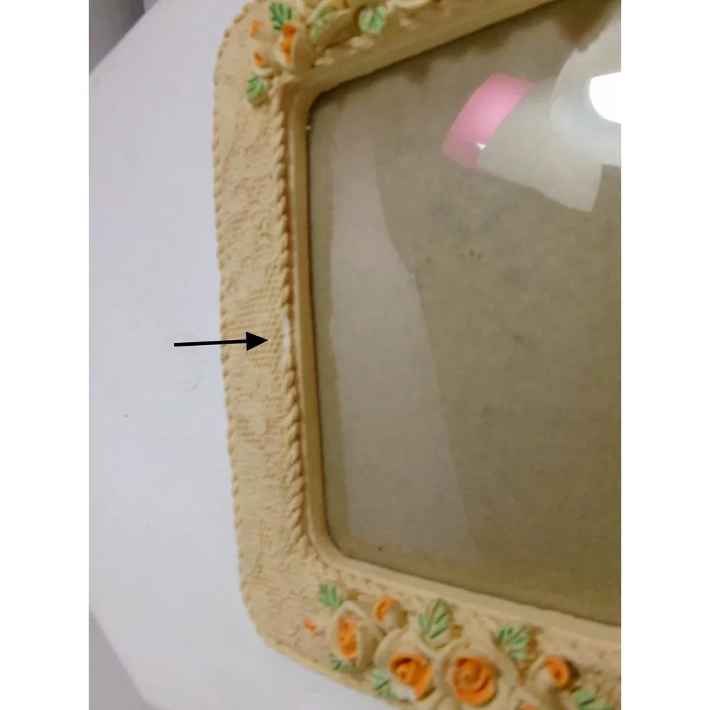 Vintage‎ Russ Berrie Victorian Lace Picture Frame Peach Resin Yellow Rose Flawed